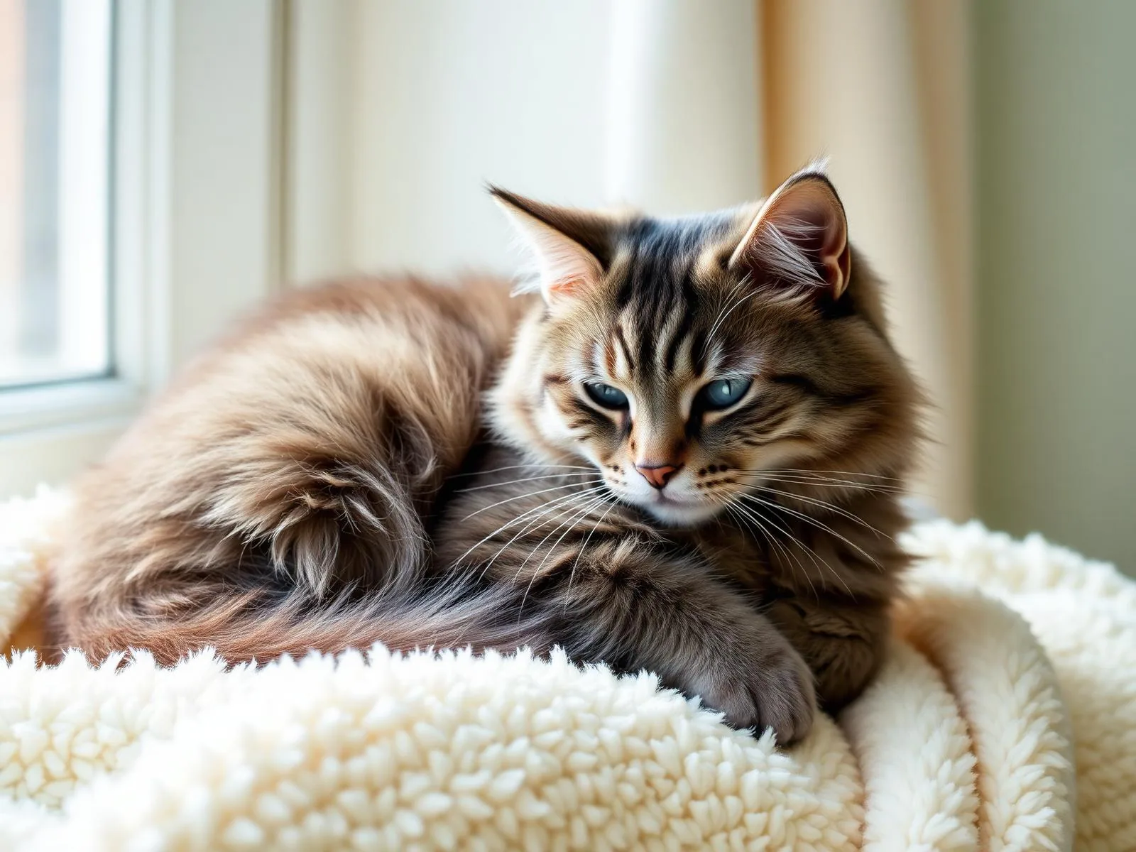 Fluffy tabby cat resting on a cream blanket near a sunlit window