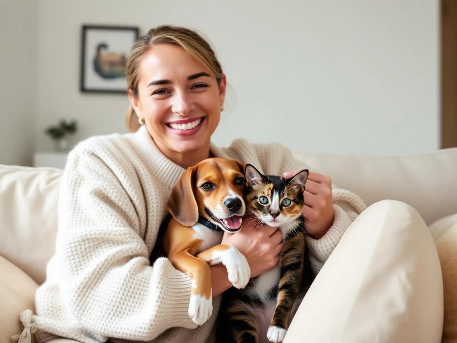 Smiling woman holding a beagle puppy and a calico cat on a soft couch