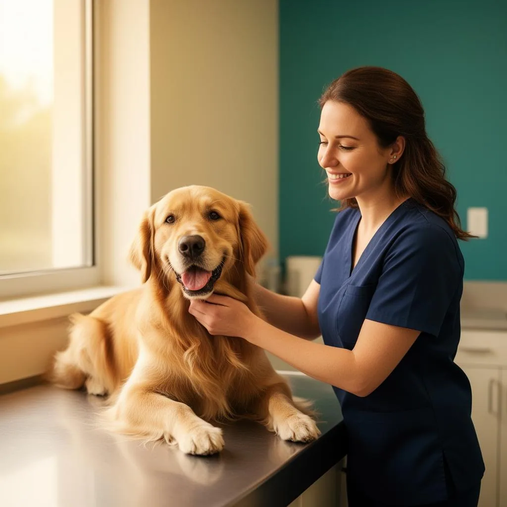 A veterinarian caring for a happy dog